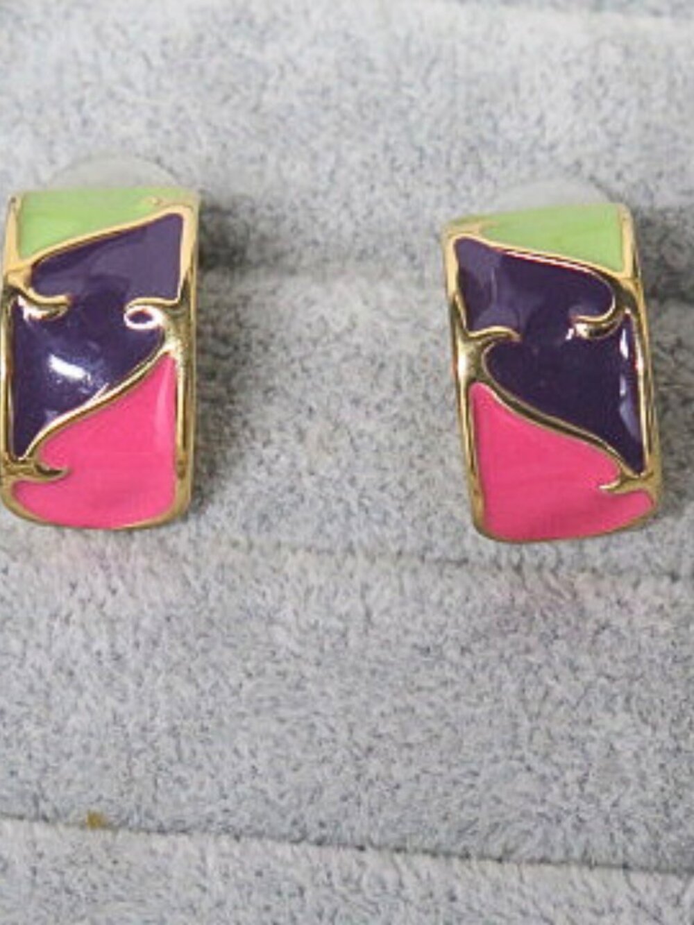 Vintage Colorful Enamel Gold Tone Curved Pierced Earrings Estate Jewelry